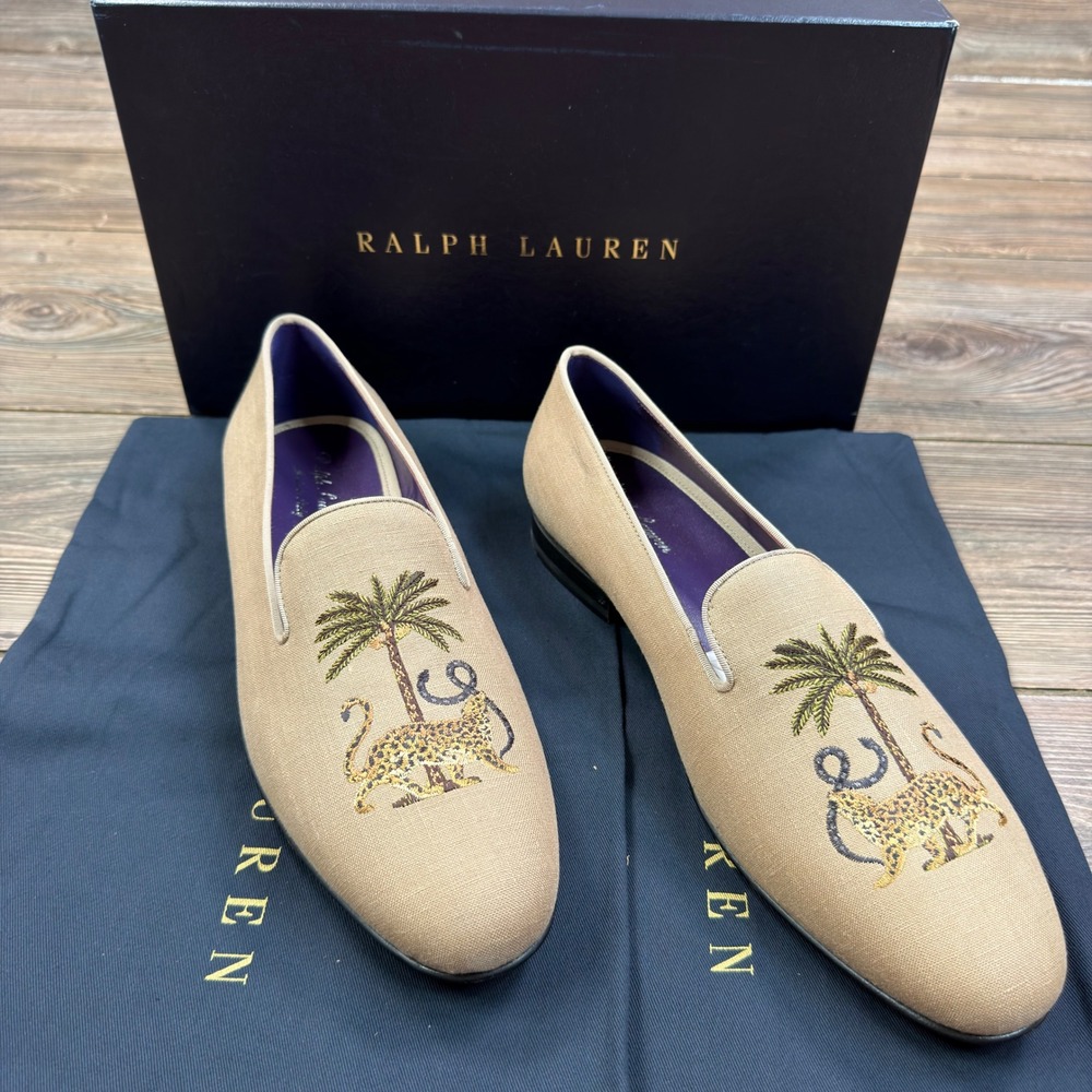 Ralph Lauren Mens 10 Alonzo Palm Jaguar Loafers Khaki Linen Embroidered Like New